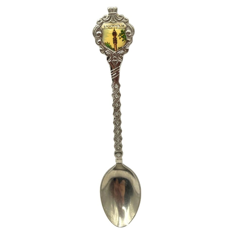 Stockholm Souvenir Spoon With Decorative Handle & Scenic Enamel Design B120